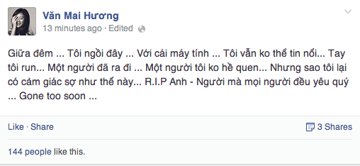 Văn Mai Hương update status thể hiện sự đau lòng trước thông tin bất ngờ về cái chết đột ngột của Vloger Toàn Shinoda.
